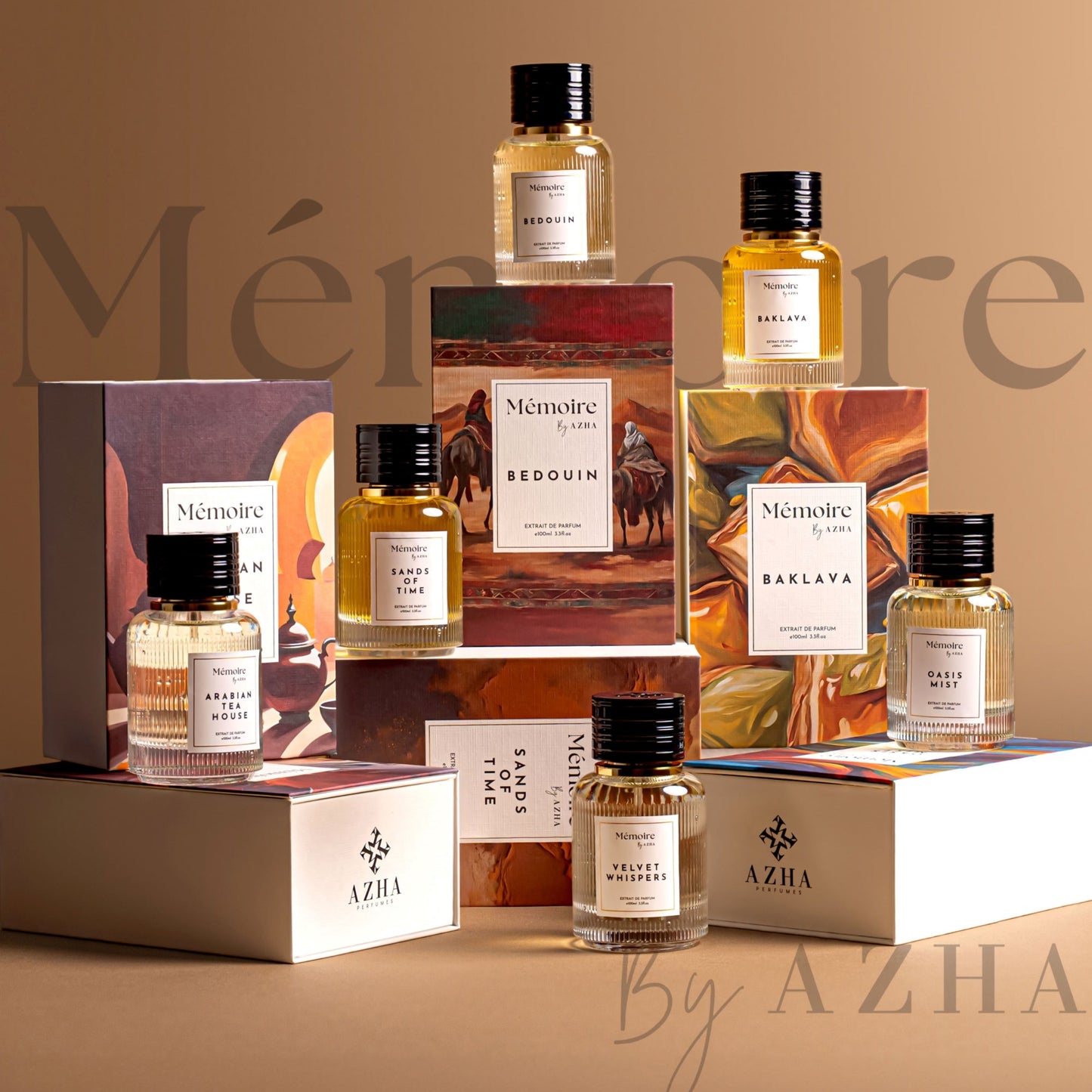 Collection of perfume bottles and boxes on a beige background with 'Mémoire' and 'Azha' branding.